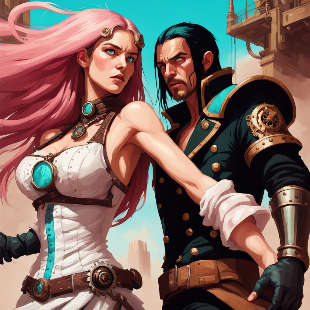 Steampunk Battle Scene: Woman and Man in Oil Painting