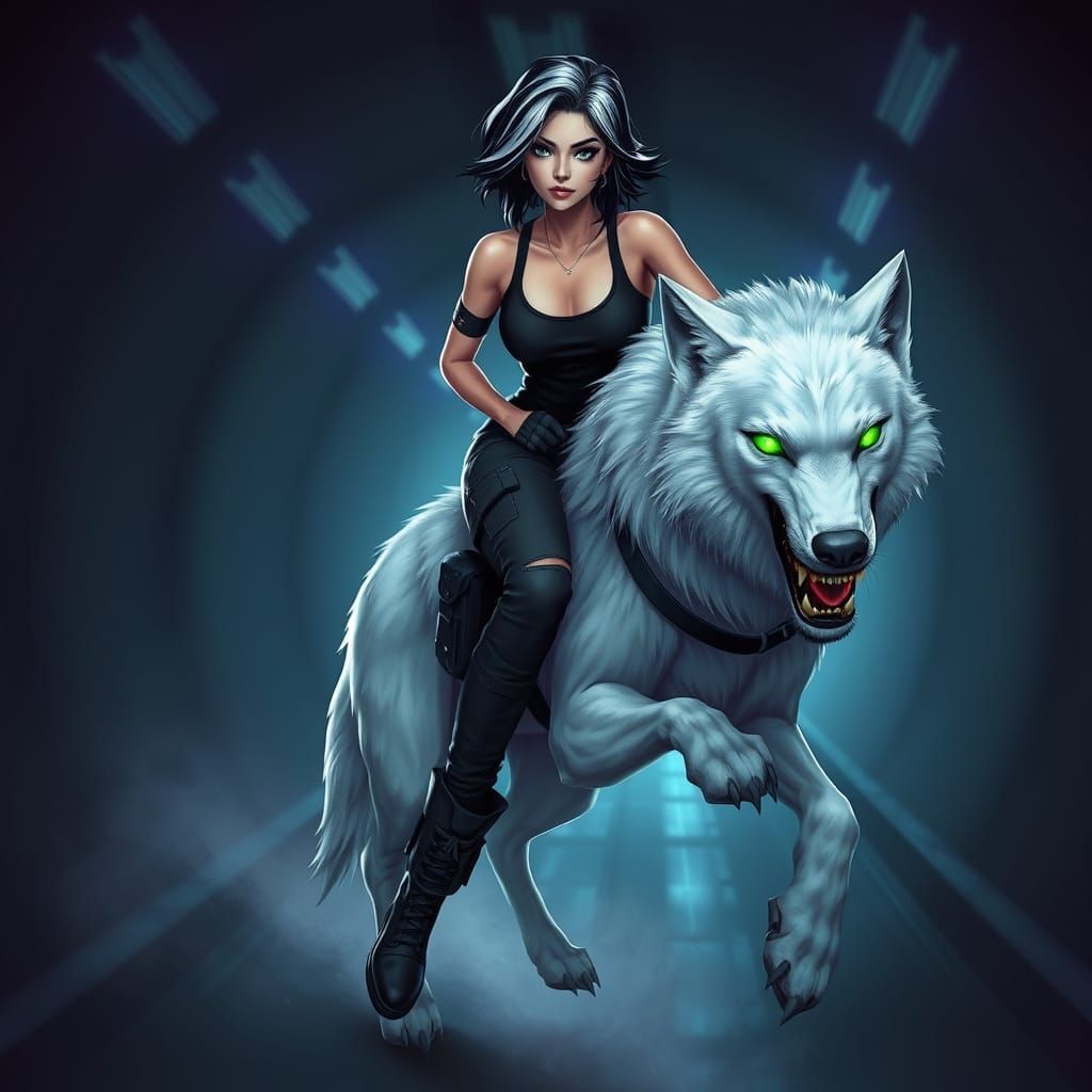 Woman Rides Wolf in Neon-lit Digital Art Style