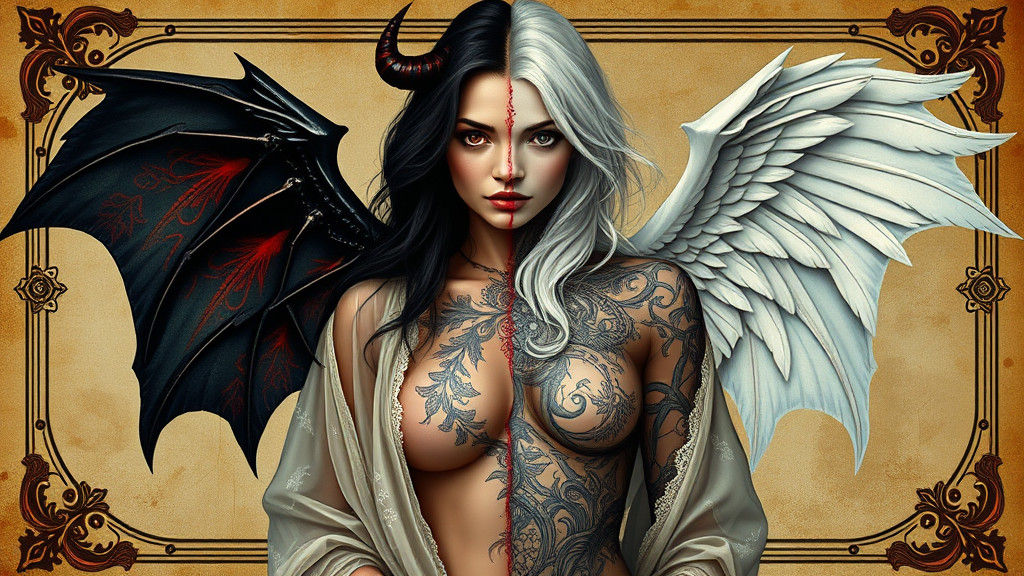 Dual Persona Woman with Angel and Demon Wings