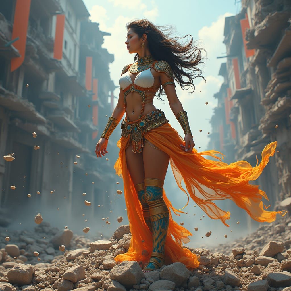 Fantasy Woman Defies Earthquake in Ruined Cityscape