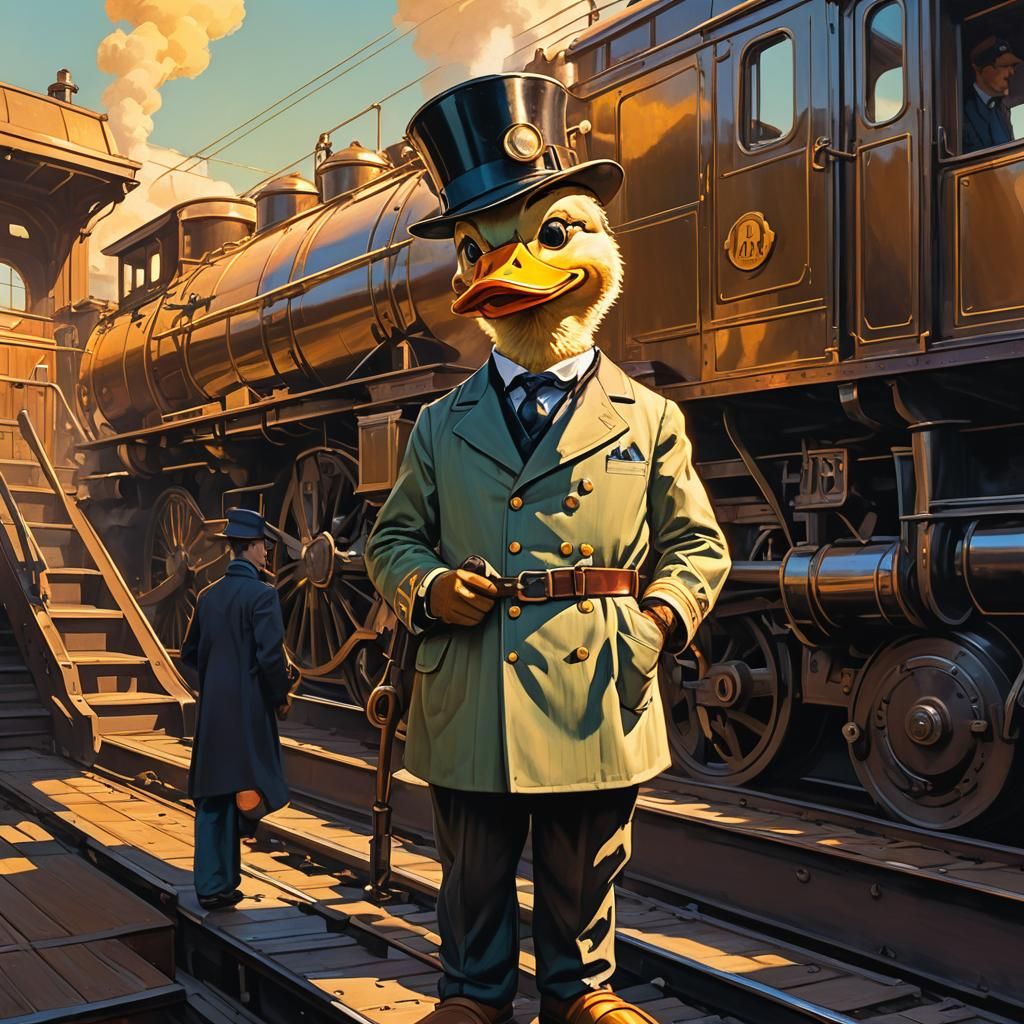Victorian Duck Conductor on Steam Train