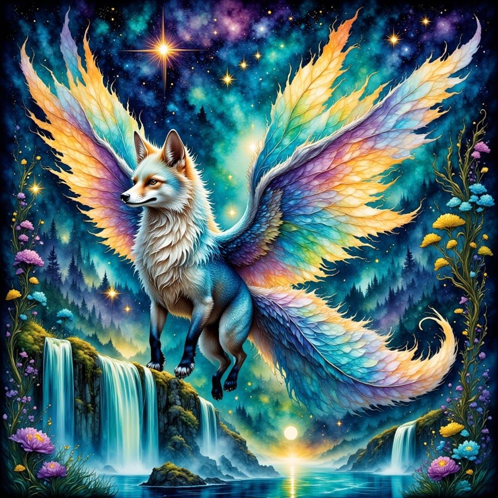 Silver Fox With Iridescent Wings Flies Over Waterfall