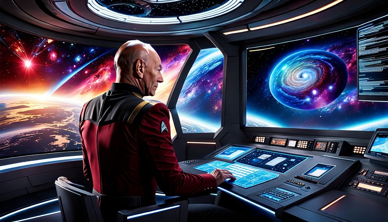 Captain Picard Examines Galaxy Map in Detailed Matte Paintin...