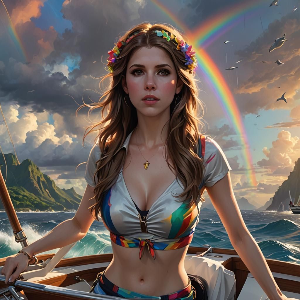 Woman Sailing Boat with Dolphins and Rainbows