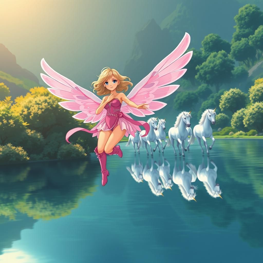 Goddess with Pink Wings Over Lake, Manga Style