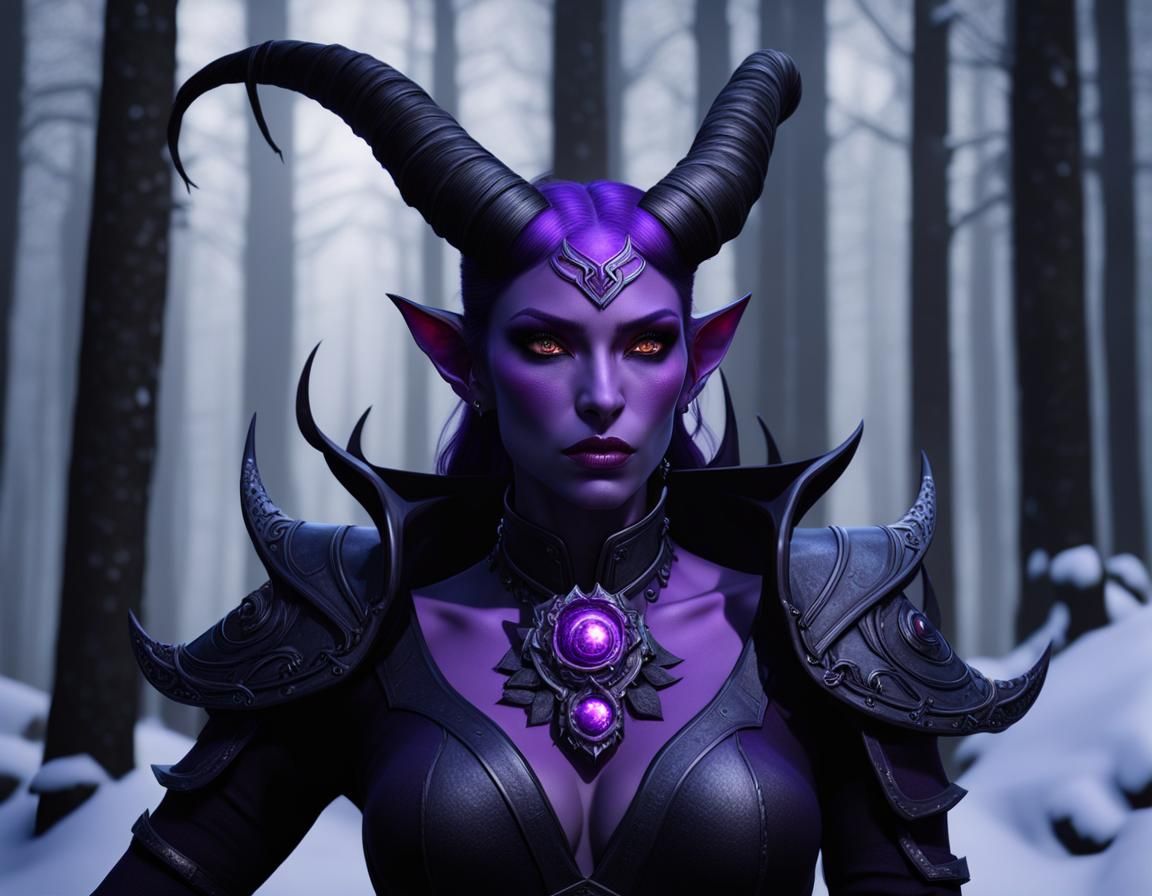 Purple Tiefling Portrait in Winter Aesthetic