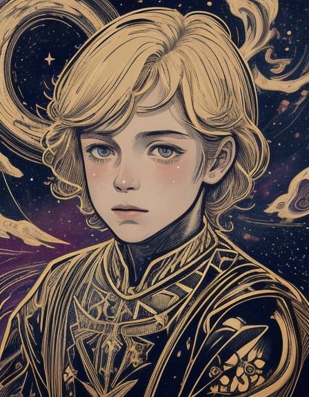 Child Flies Through Nebula: Linocut Style Folk Art