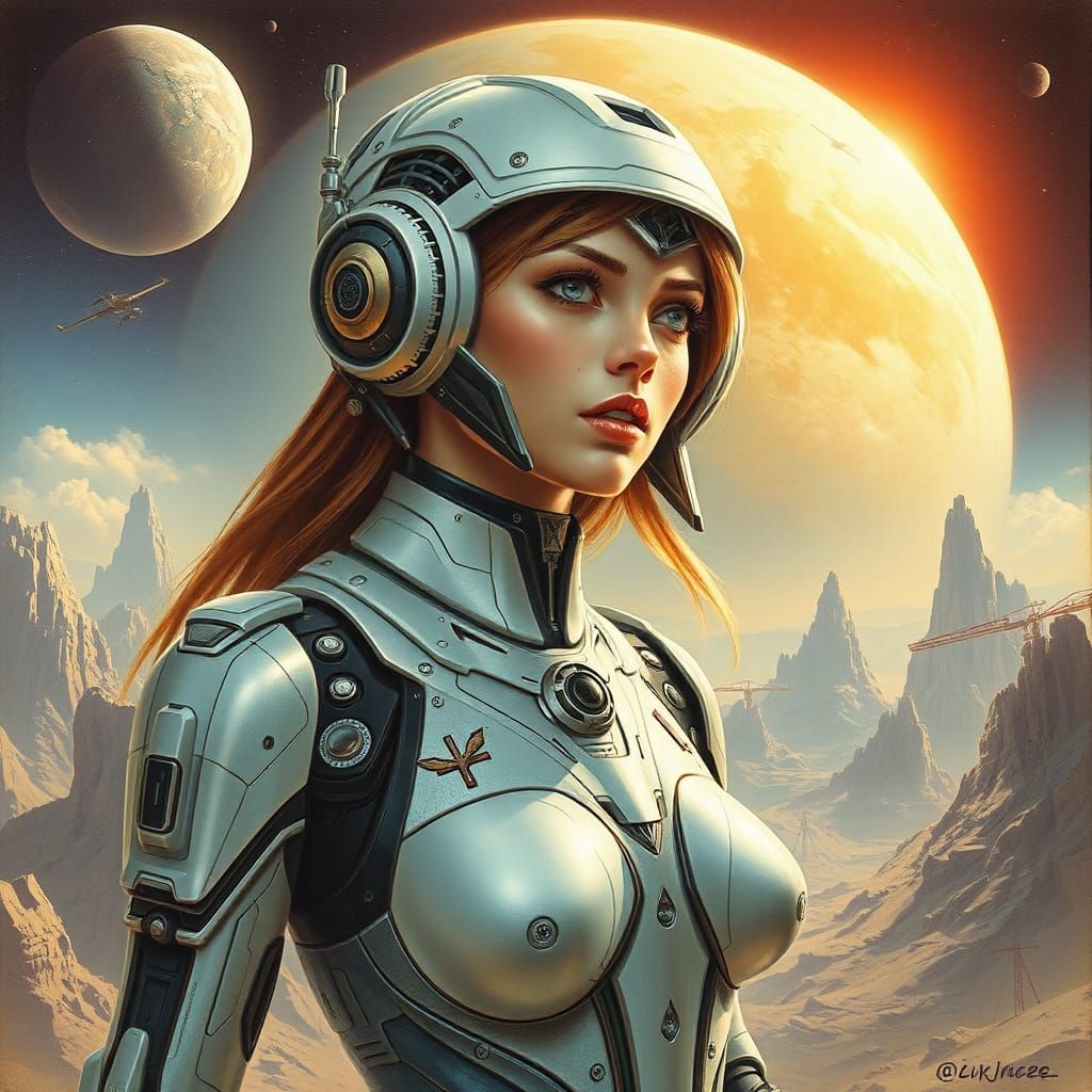 Sci-Fi Mechanical Woman on Alien Planet