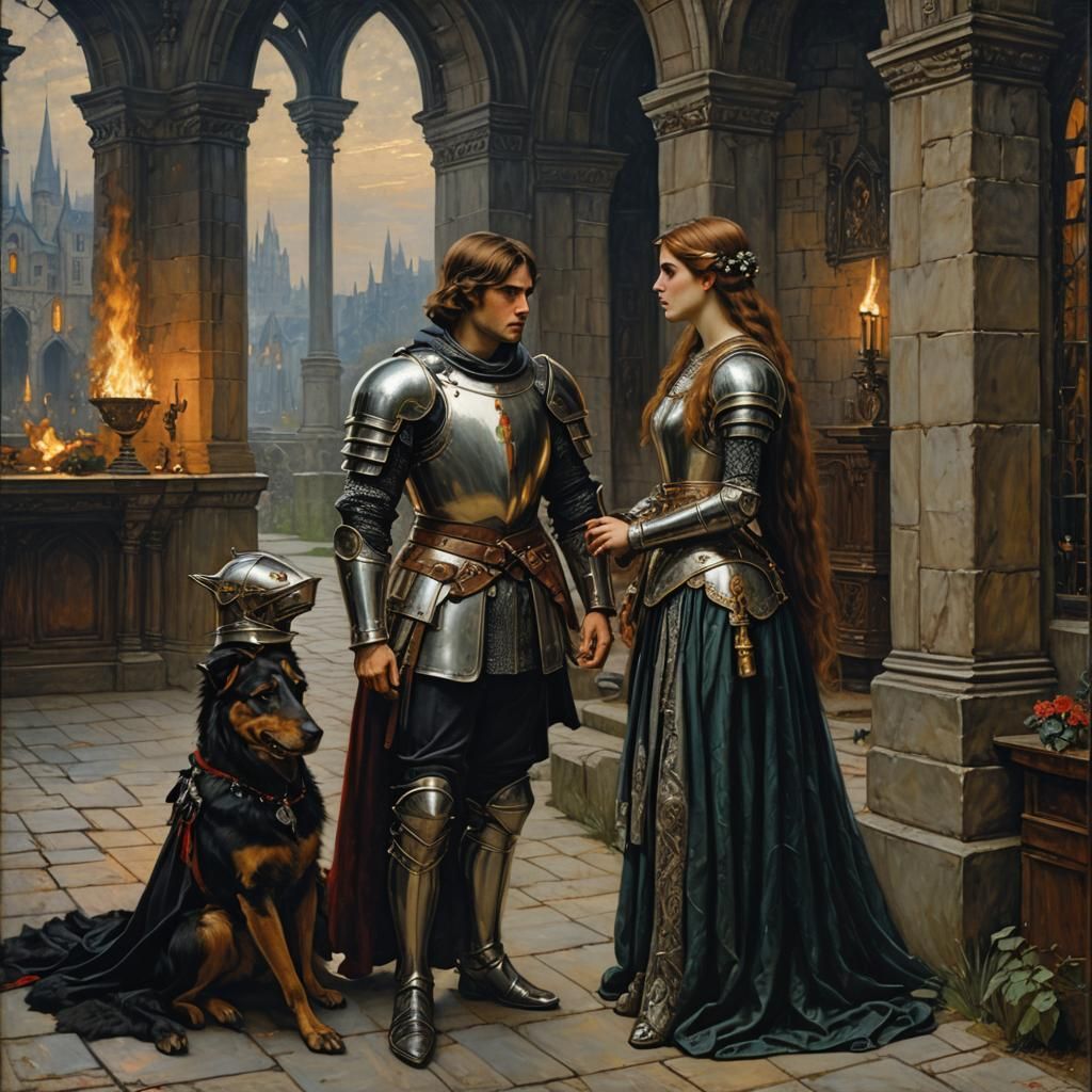 Romantic Knight and Ginger Haired Girl in Love