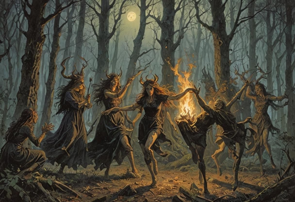 Iberian Witches Night Sabbath Ritual in Woods