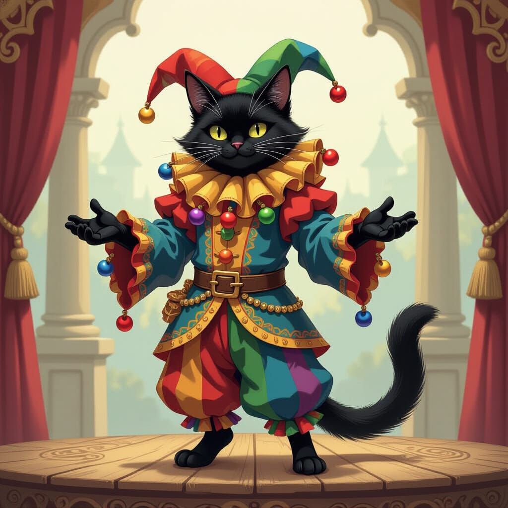 Black Cat Jester on Stage, Fantasy Art
