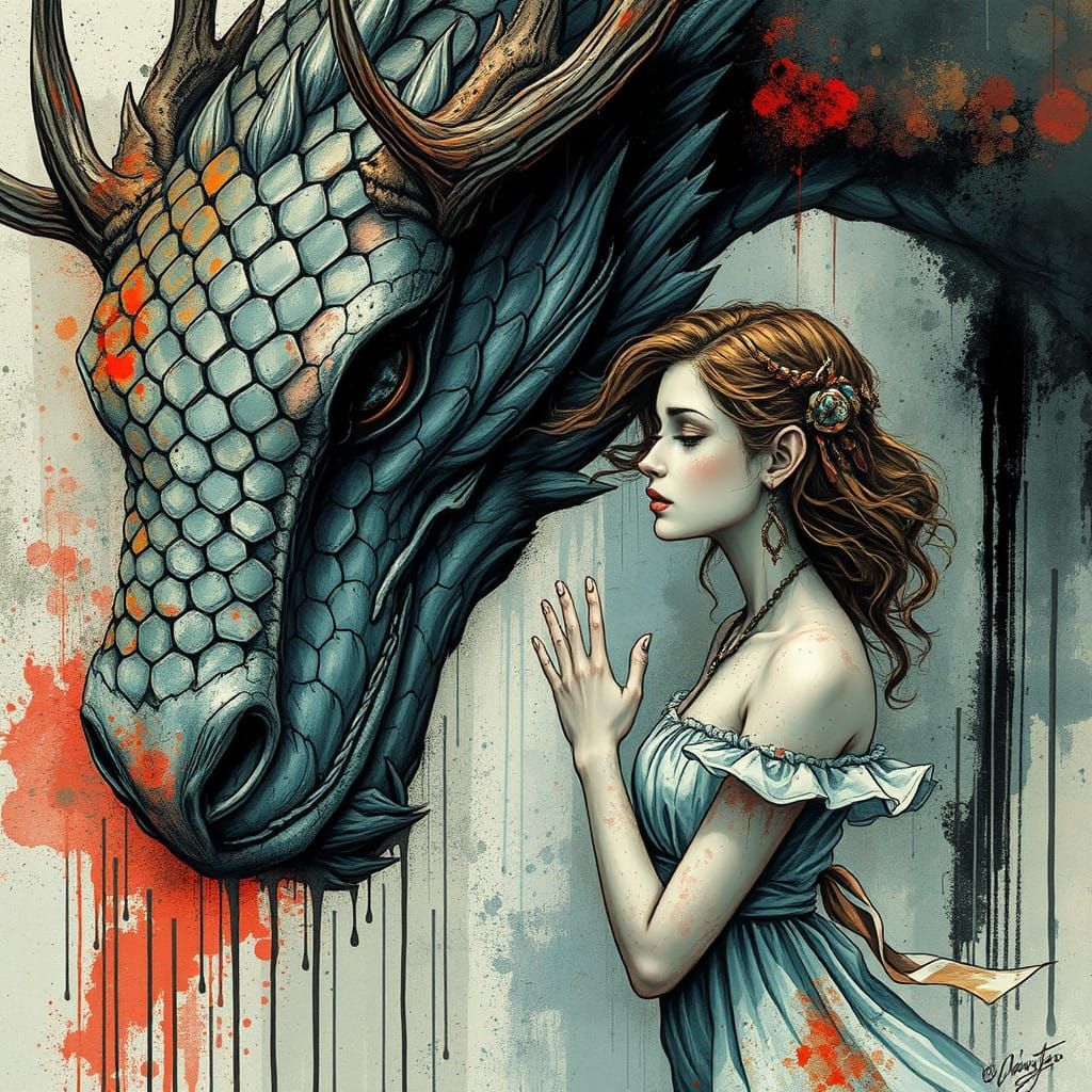 Surreal Urbanpunk Masterpiece of a Serene Dragon Encounter