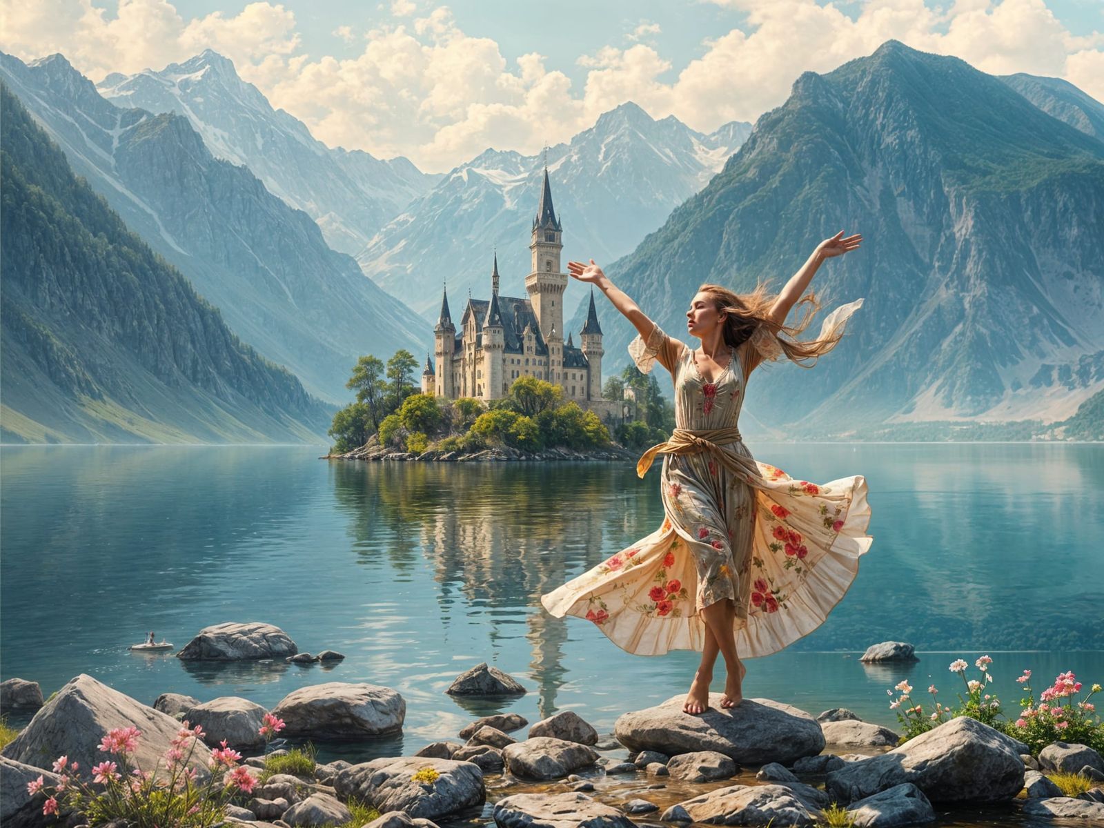 Romantic Isolated Castle Landscape in Oil Painting Style