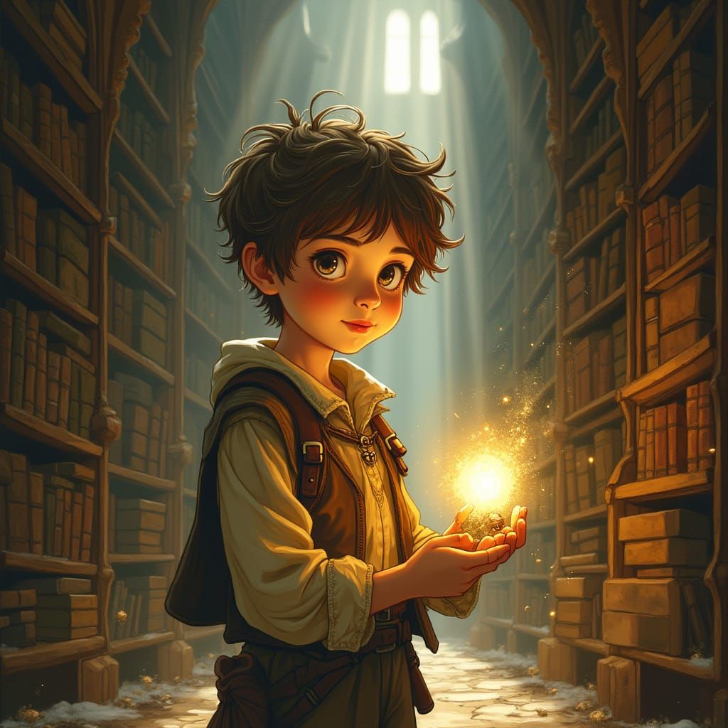 Boy with Artifact in Sunlit Fantasy Library