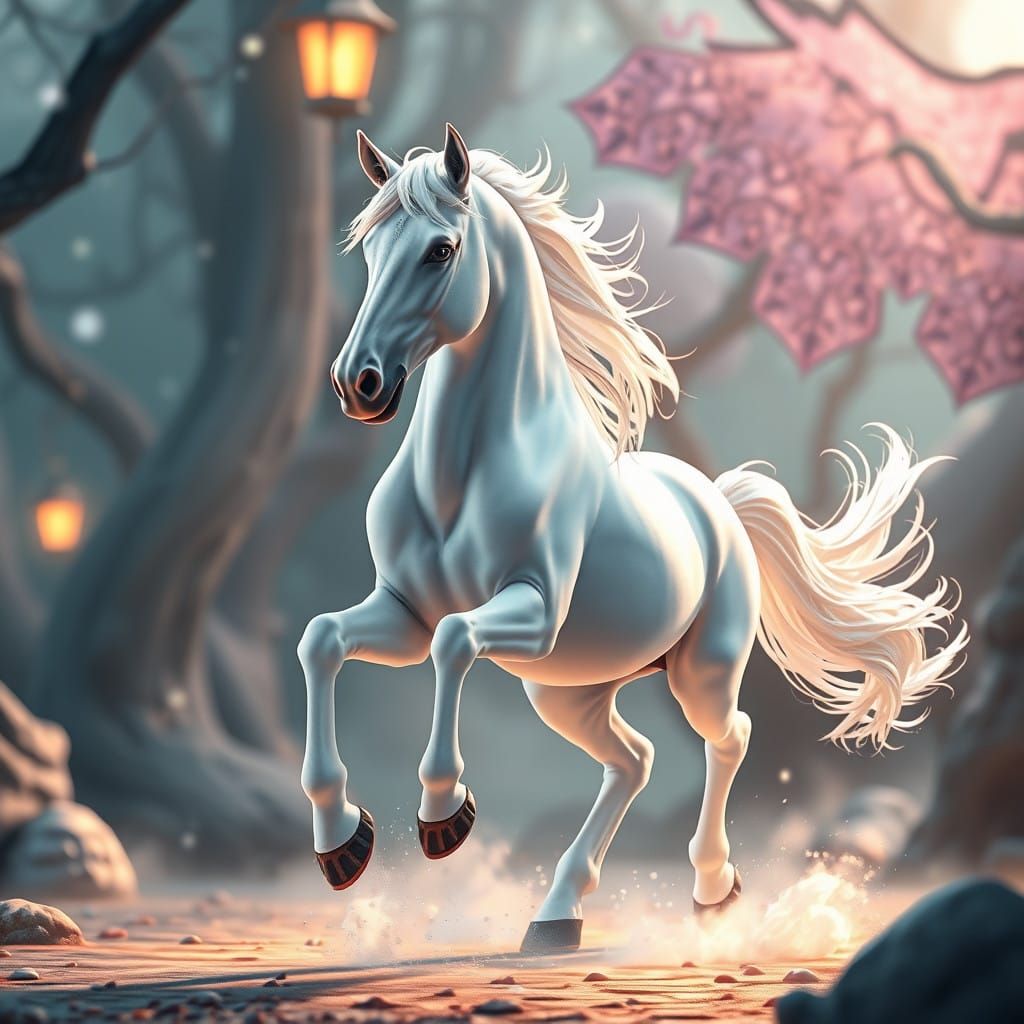 A Whimsical White Stallion Soars in Ethereal Dreamscape