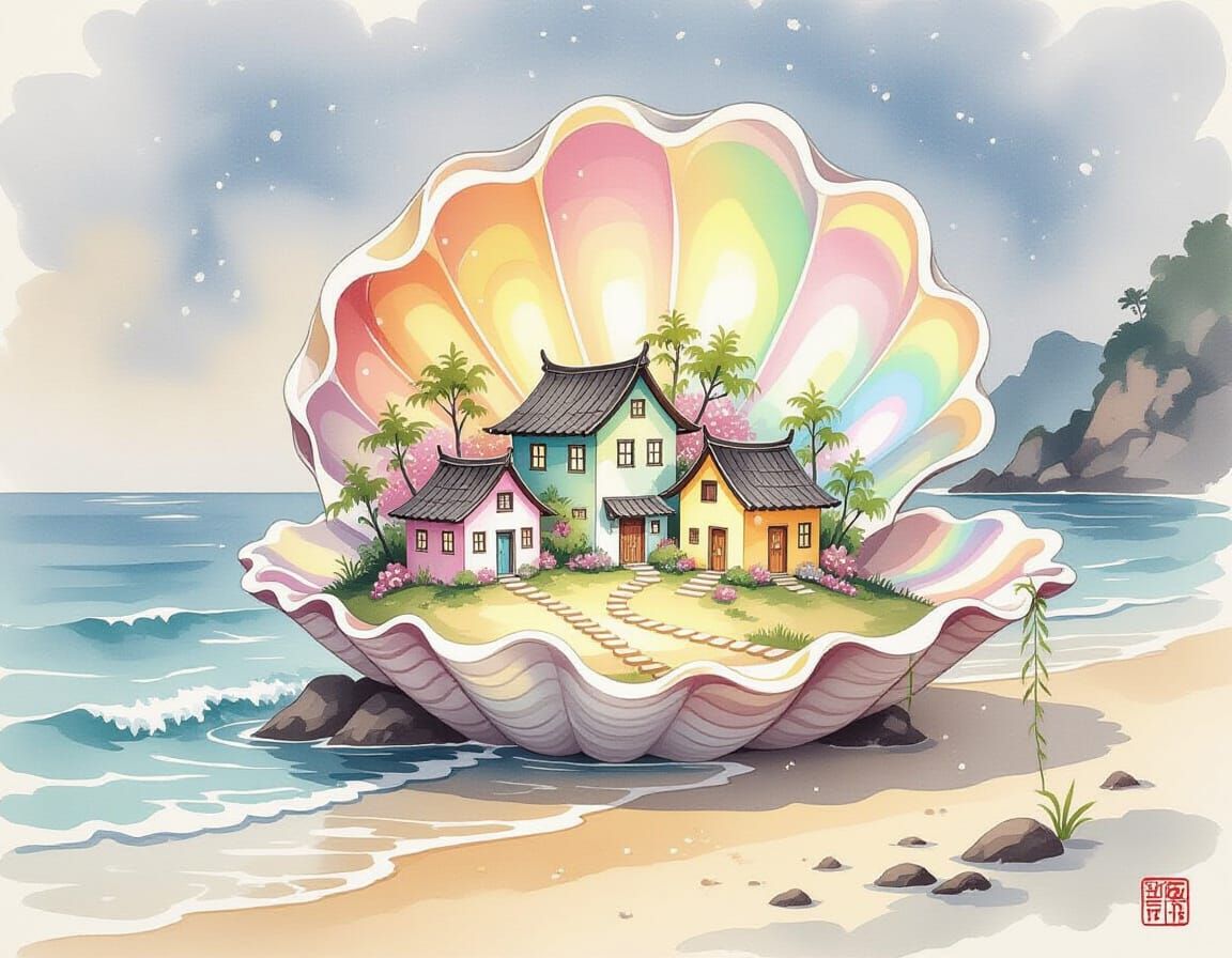 Whimsical Fairy Village in Seashell: Chinese Ink Painting