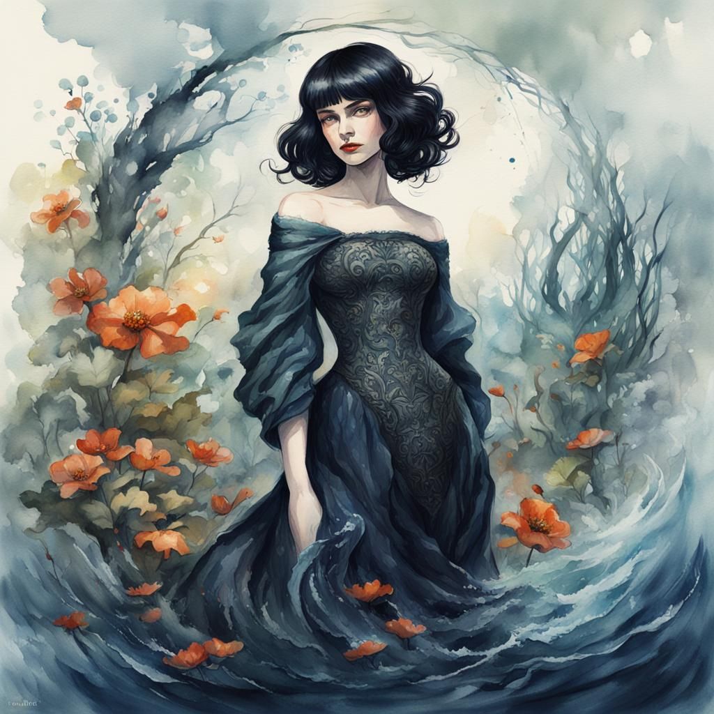 Goth Naiad: Voluptuous Woman in Watercolor Illustration