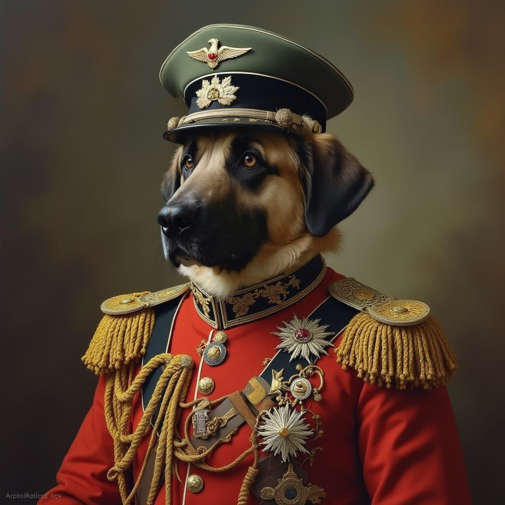 A German General in 1900s Style with a Great Pyrenees Shephe...