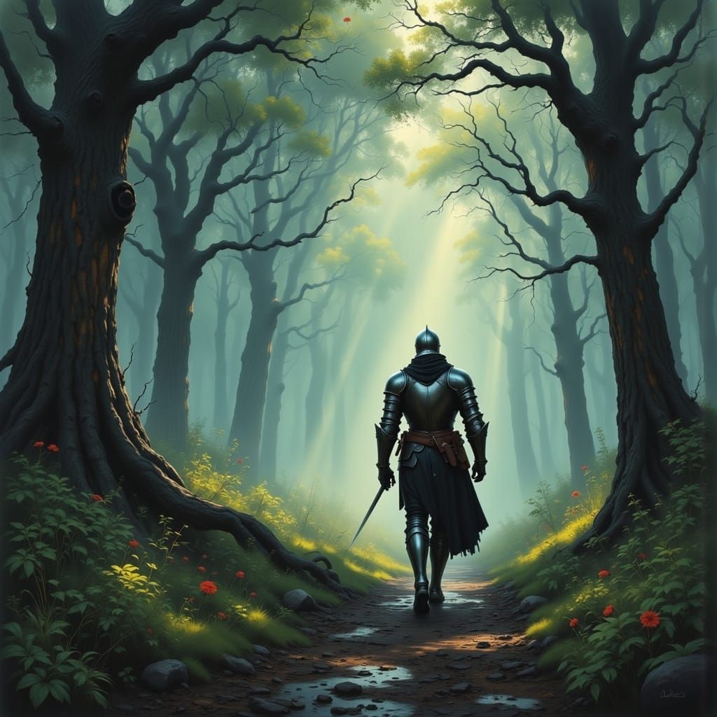 Knight in Foggy Ancient Forest Dark Fantasy Art