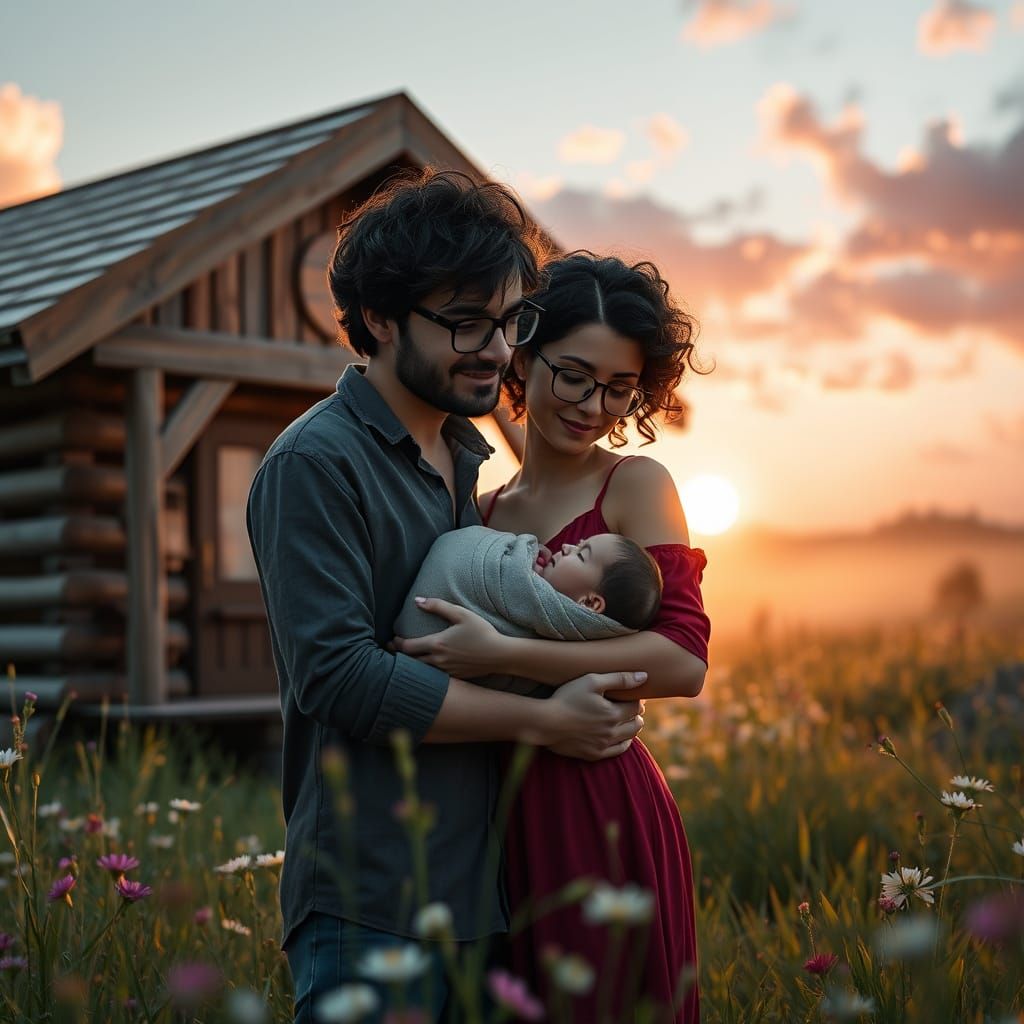 Loving Couple with Newborn in Cozy Cabin: 3D Render