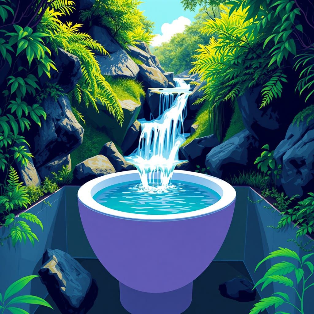 Surreal Waterfall Flowing into Toilet Bowl