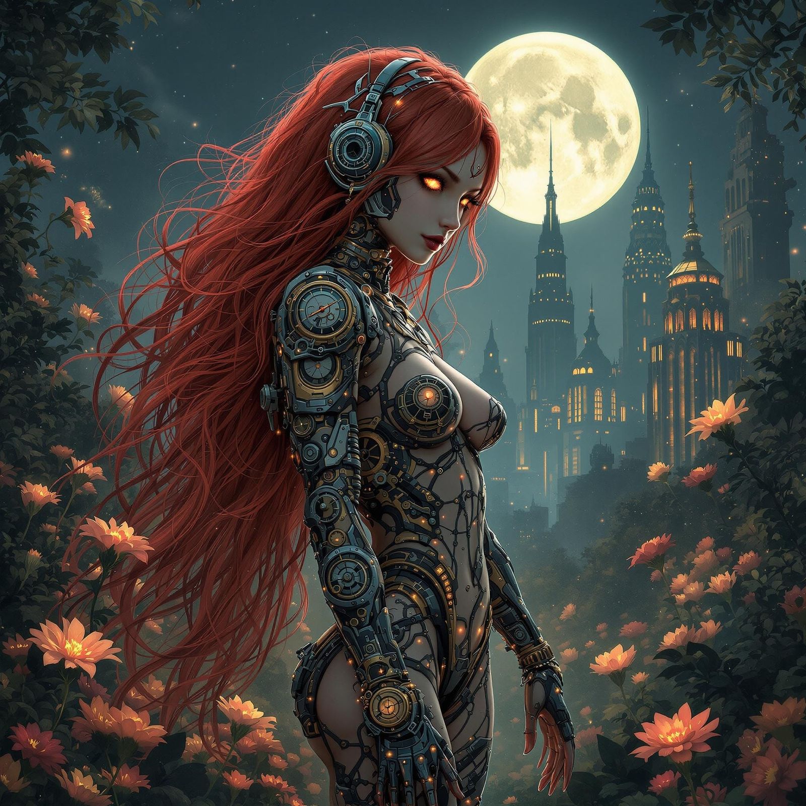 Dieselpunk Android in Moonlit Garden Art Nouveau Style