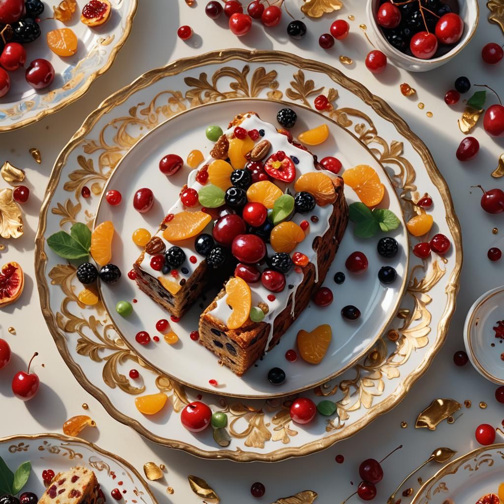 Hyper-Realistic Fruitcake Still Life in Oil Painting Style