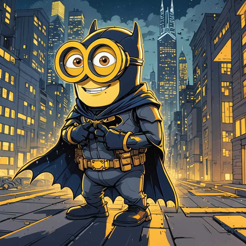 Minion as Batman on Gotham Rooftop in Comic Style