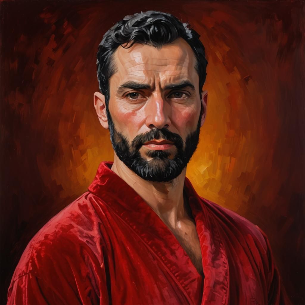 Bearded Man in Red Robe, Impasto Oil Painting