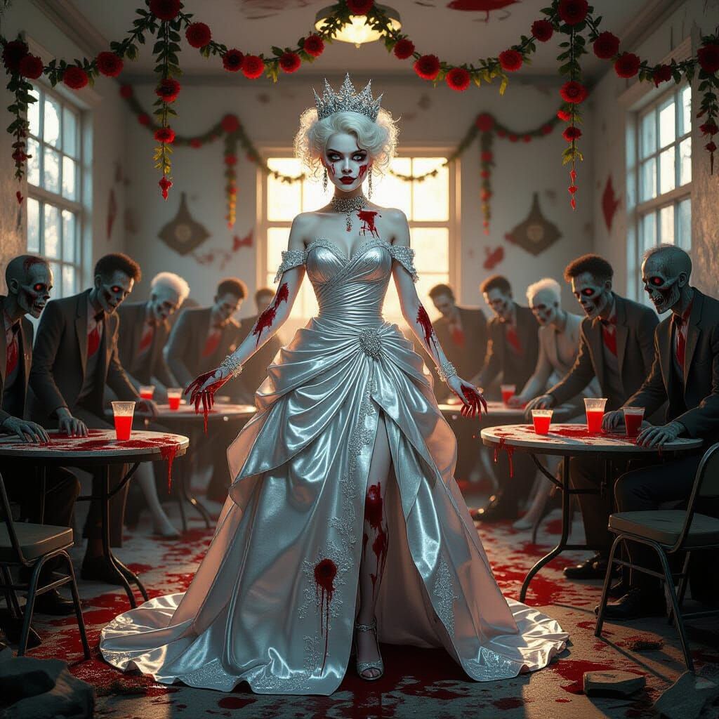Zombie Prom Queen Amidst Decay in Art Deco Style