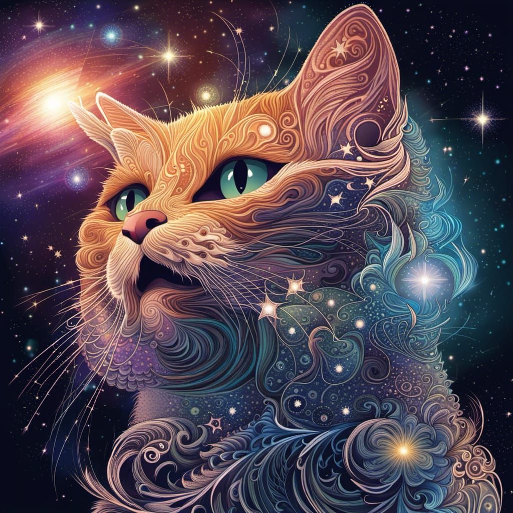 Space Cat Serenades a Galaxy in Abstract Vector Art