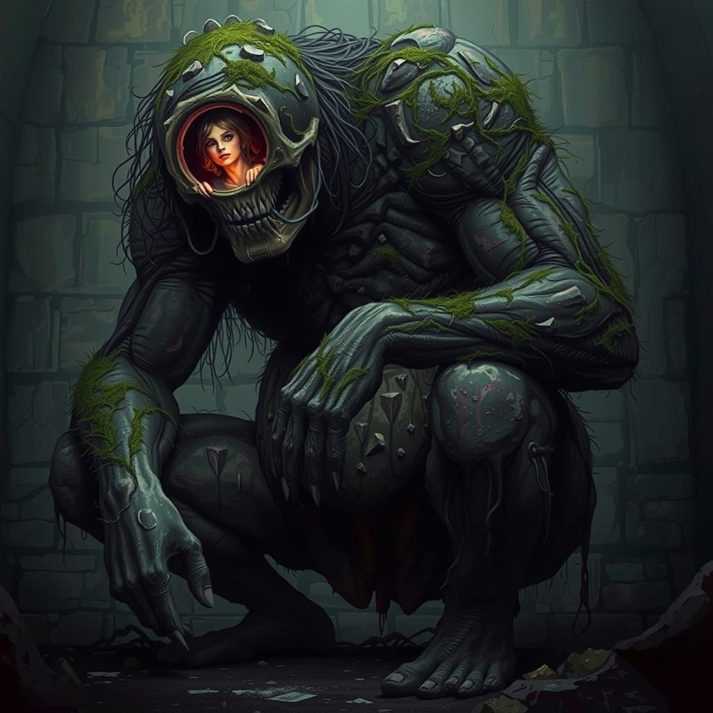 Gnarled Ancient Ogre Guards Prisoner in Dark, Mystical Scene