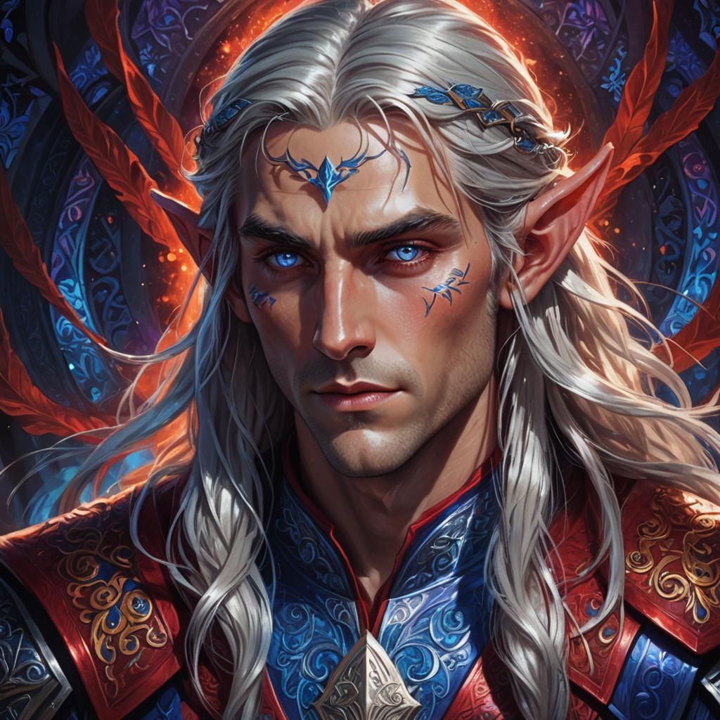 A tall young  male elf with very long silver hair,blue eyes,...