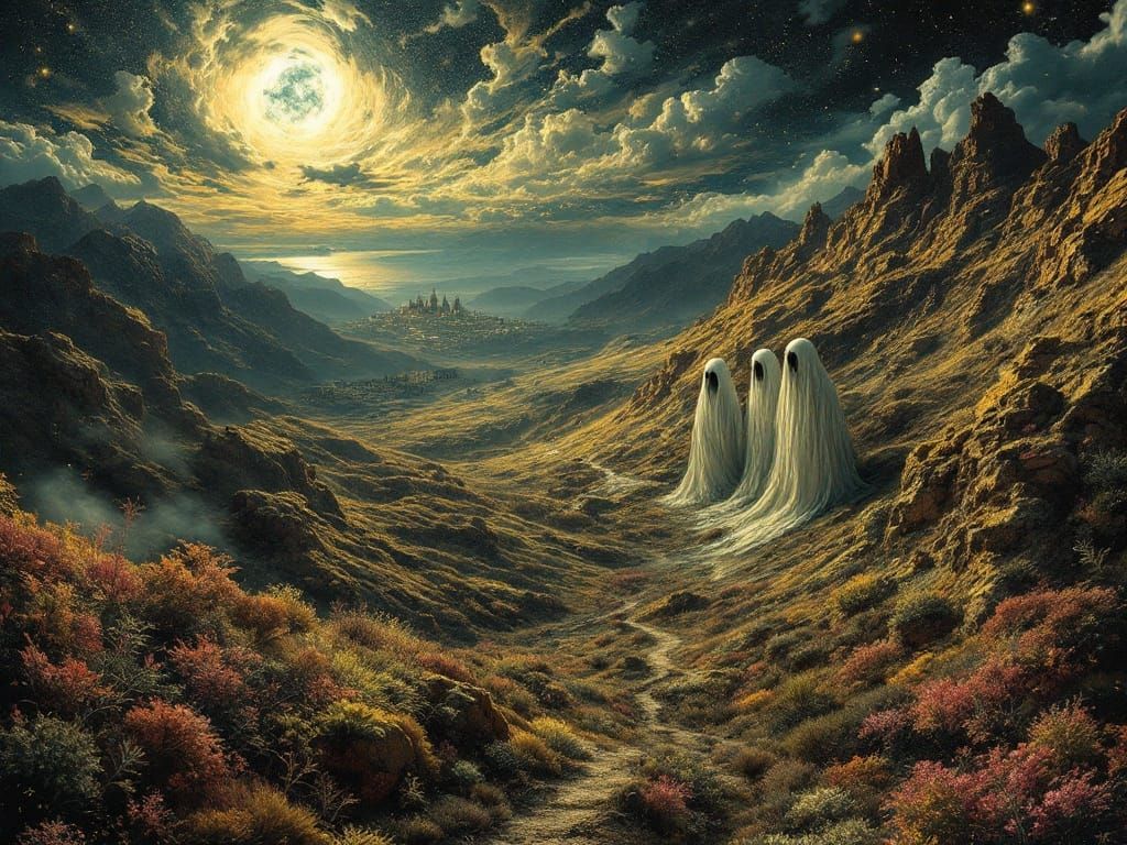 Ethereal Ghost Spirits in a Vivid Gold Foil Landscape