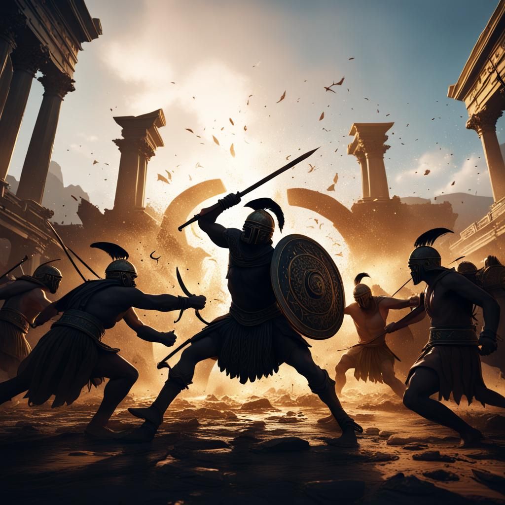 Greeks and Trojans Fighting in Silhouette Style