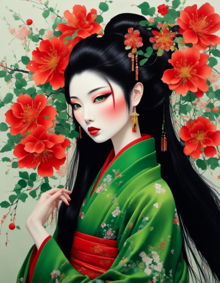 Beautiful Geisha in Green Silk Kimono: Gouache Style