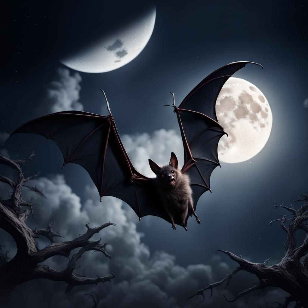 Detailed Bat Silhouetted Against Moonlit Sky