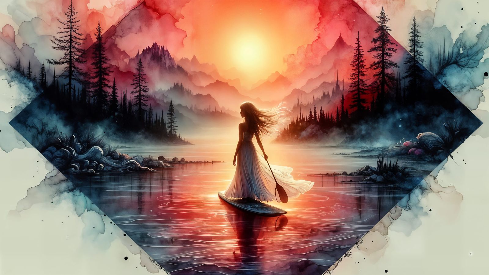 Sunset Paddleboarder in Geometric Watercolor Landscape