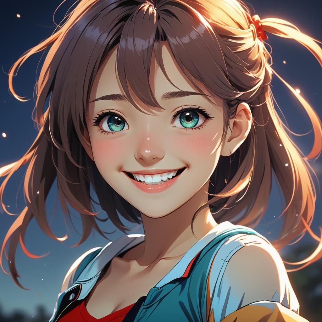 Happy Teenage Girl Smiling in Anime Style