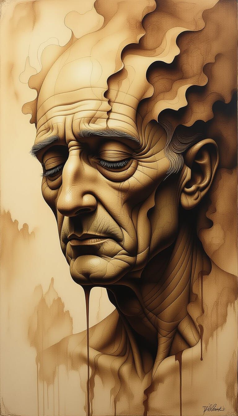 Melancholic Face Melts in Sepia Etching