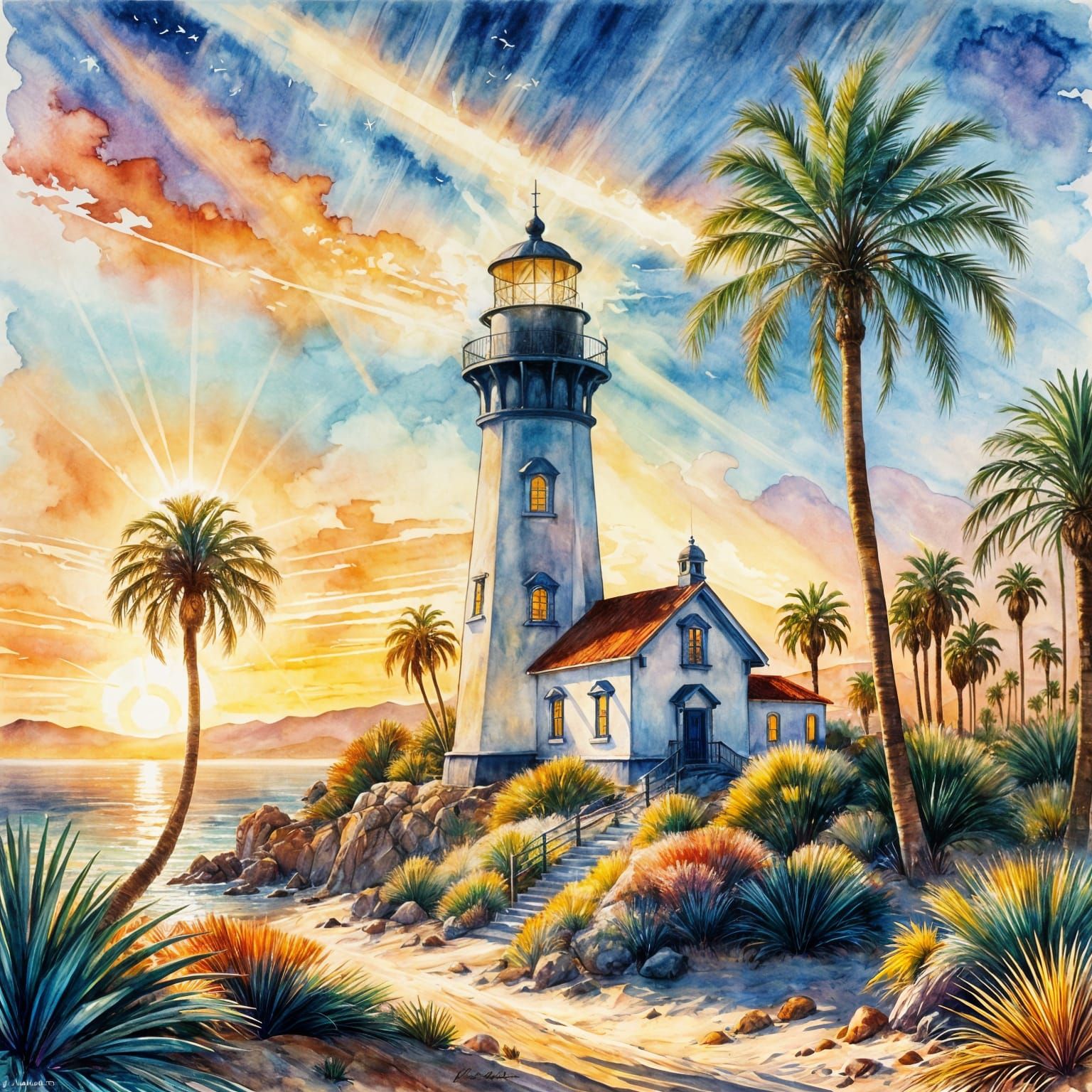 Baja Coast Lighthouse in Watercolor Style