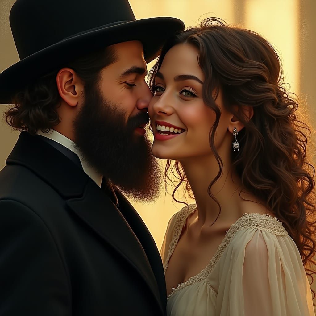 Ultra-Orthodox Man Embracing Secular Woman in a Golden Light