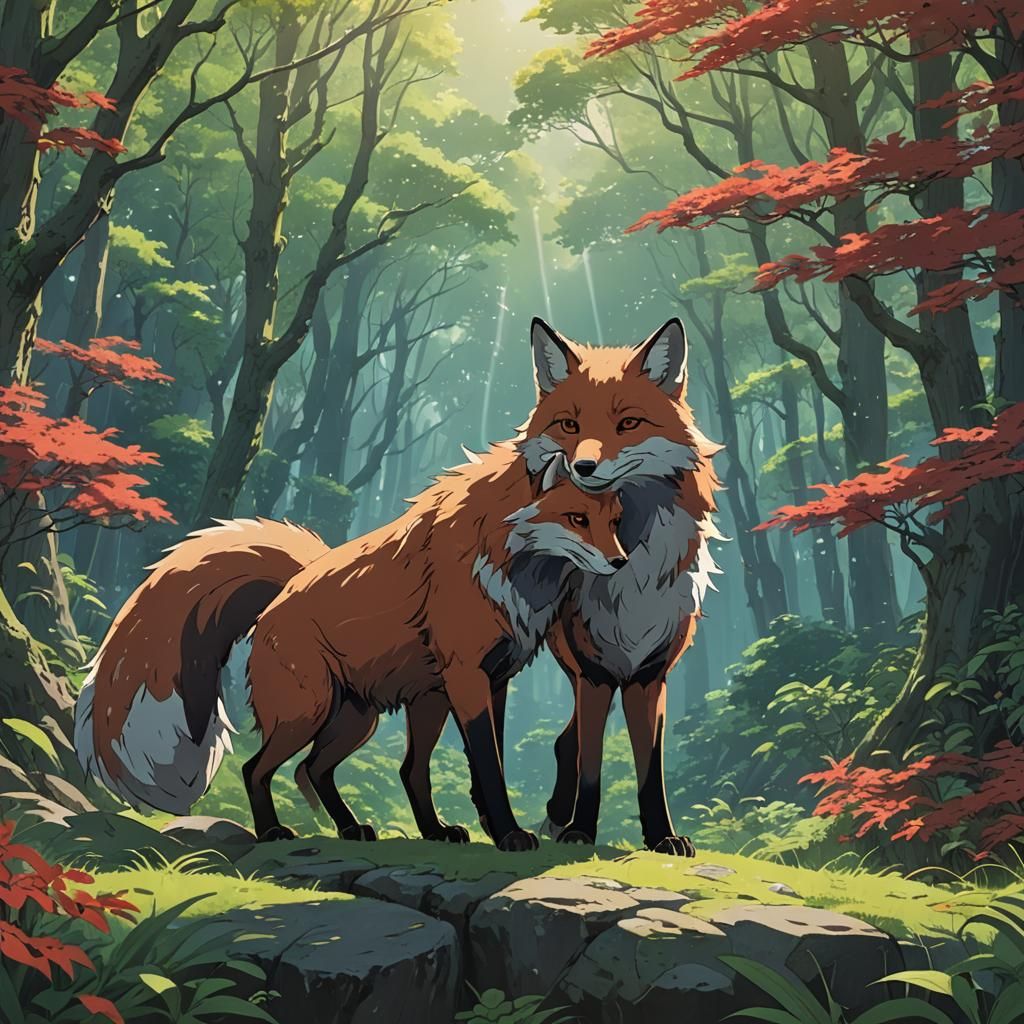 Red and Silver Foxes in Anime Style