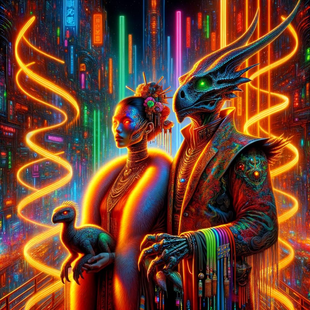Hyperreal Cyberpunk Scene with Mercuriceratops Humanoids and...