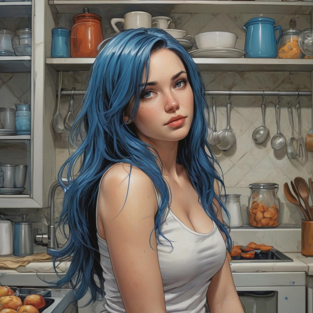 Blue-Haired Woman in Kitchen, Comic Book Art