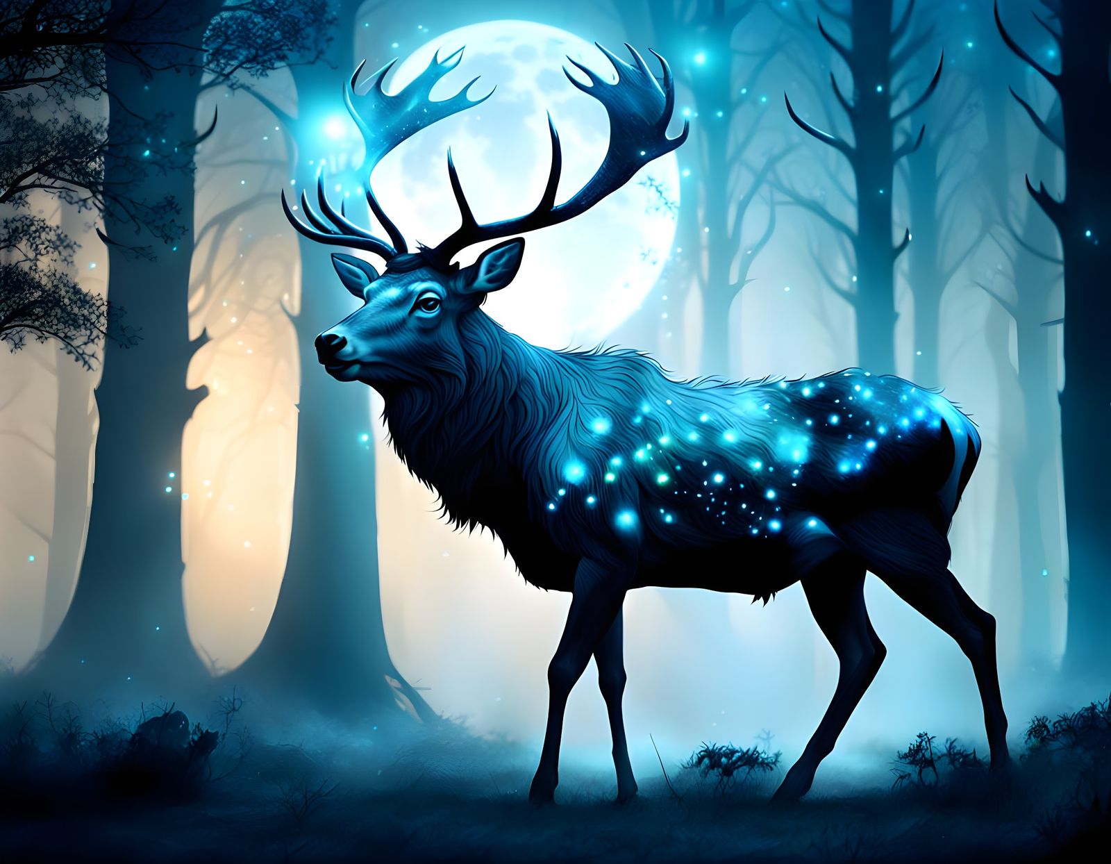 Majestic Moonlit Stag Under Ancient Trees