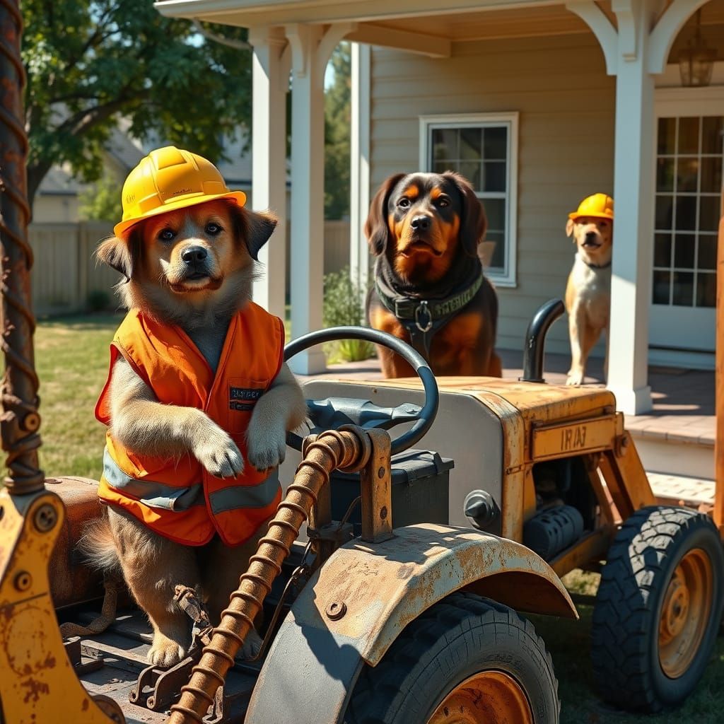 Canine Construction Worker in Photorealistic Backyard Scene