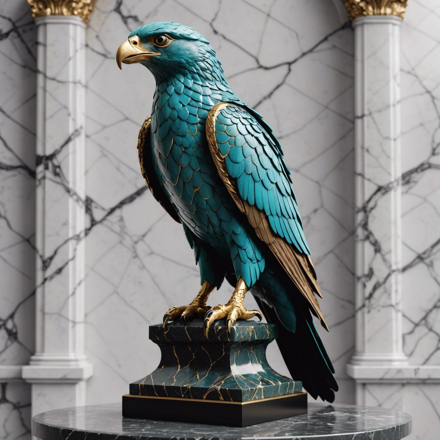 Turquoise and Gold Falcon Statue in Marble Setting