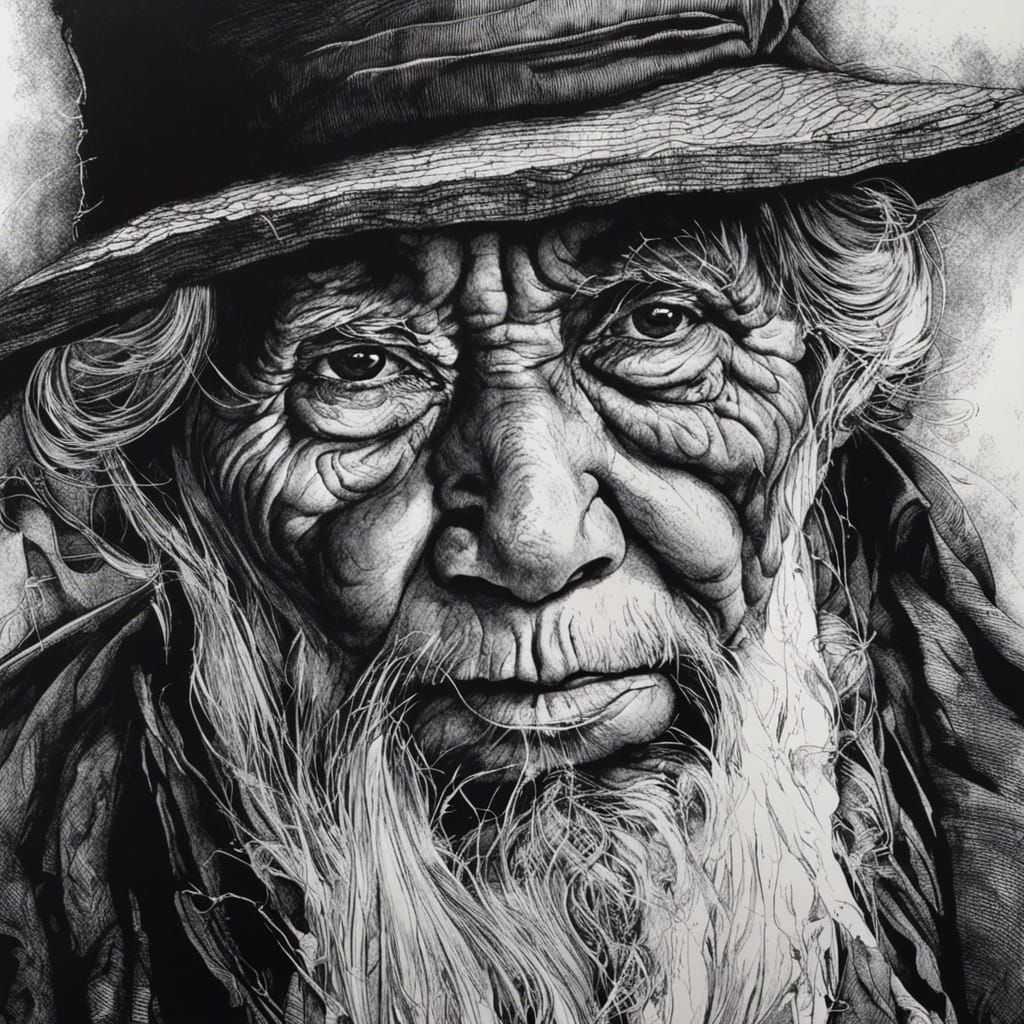 Monochrome Ink Drawing Portrait of Wise Elder