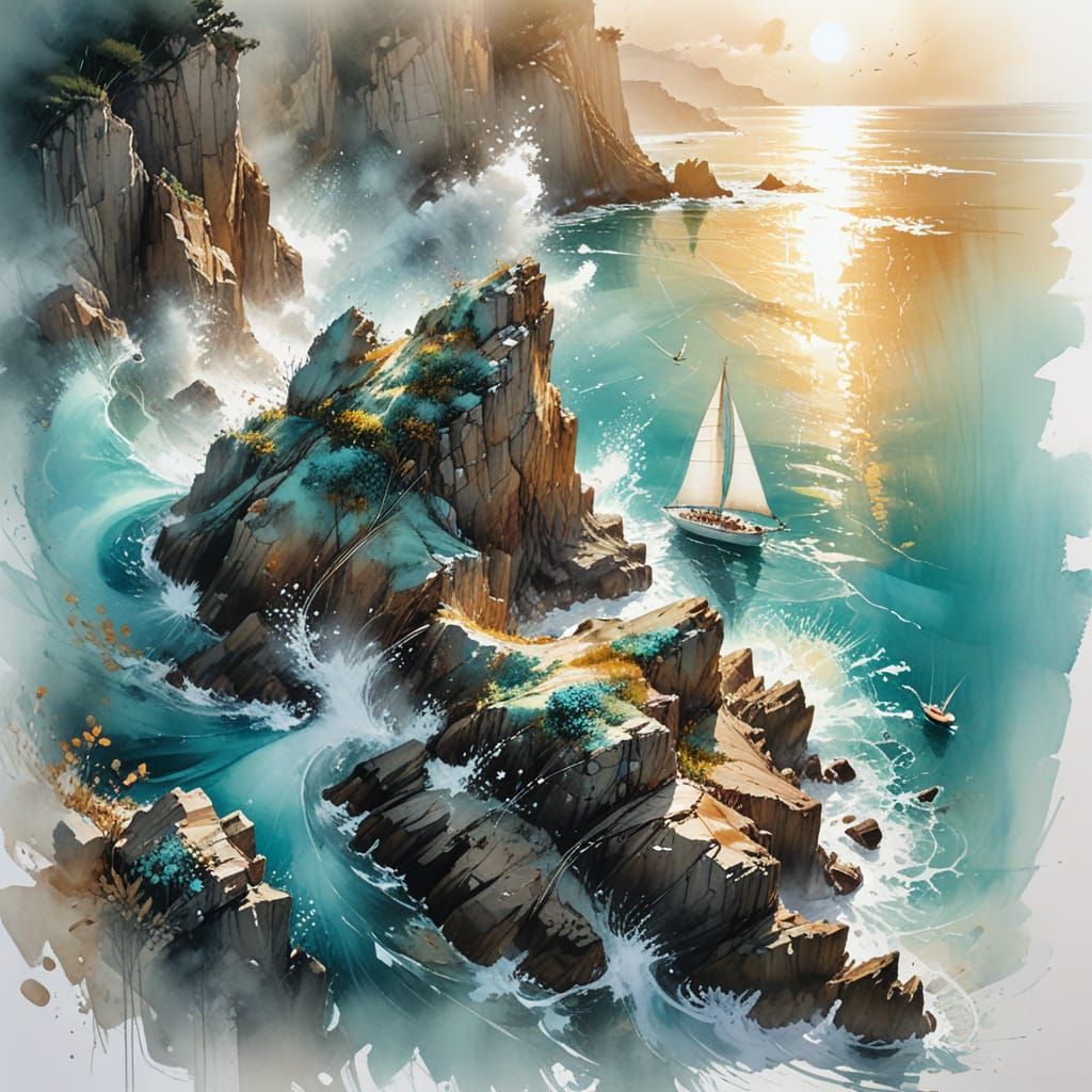 Coastal Cliffs and Sailboat in Photorealistic Digital Art